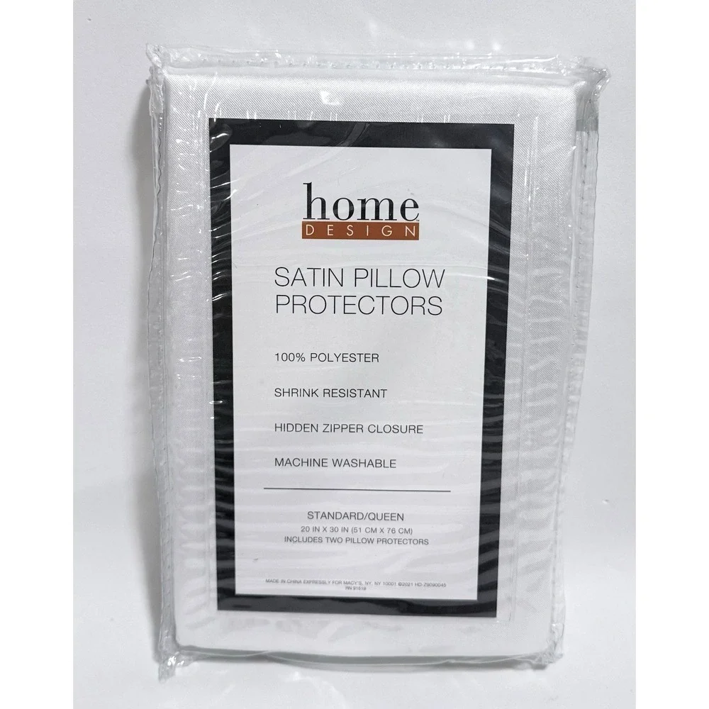 Home Design Satin Pillow Protectors White 2Pc Standard Queen Zipper
